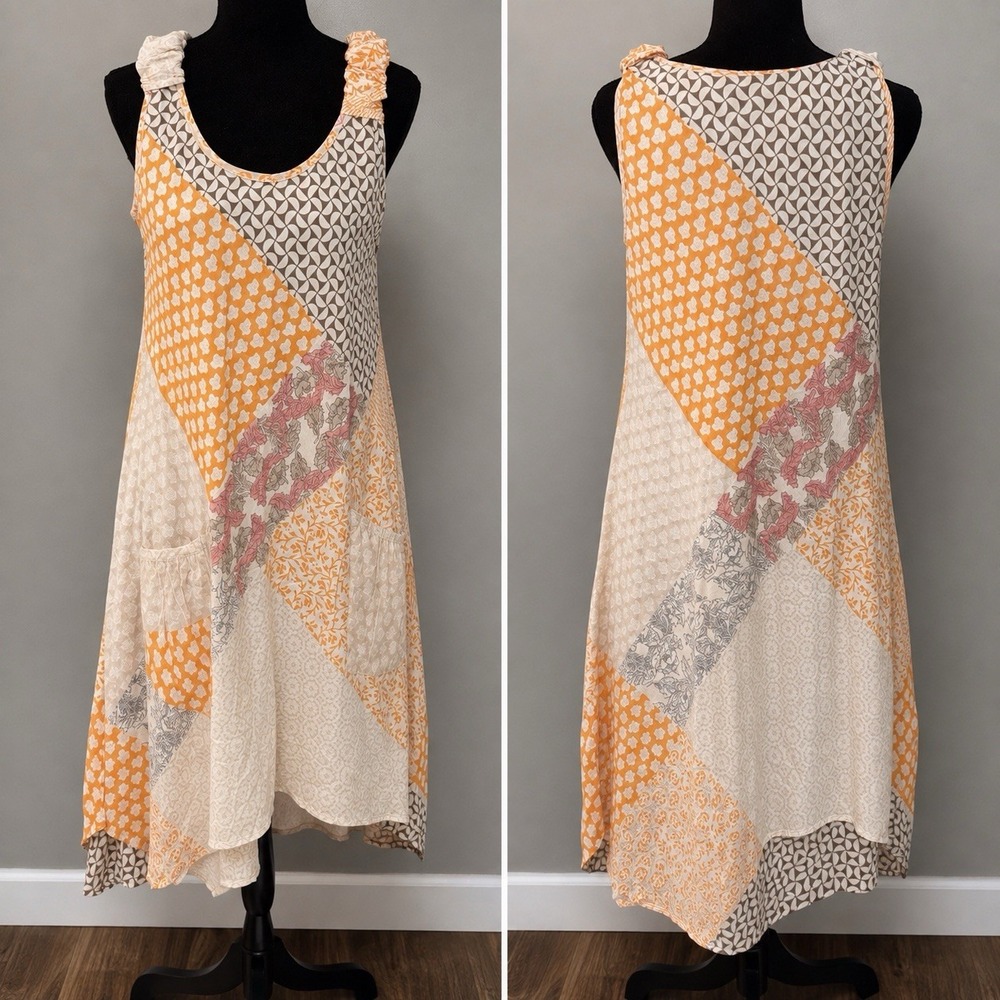 Women's Boho Patchwork Midi Dress Sleeveless Peasant Prairie Cottagecore Size S
